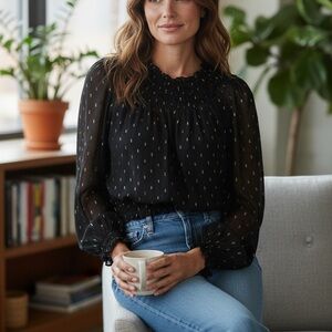 Ann Taylor Sheer Black Blouse with Gold Dots